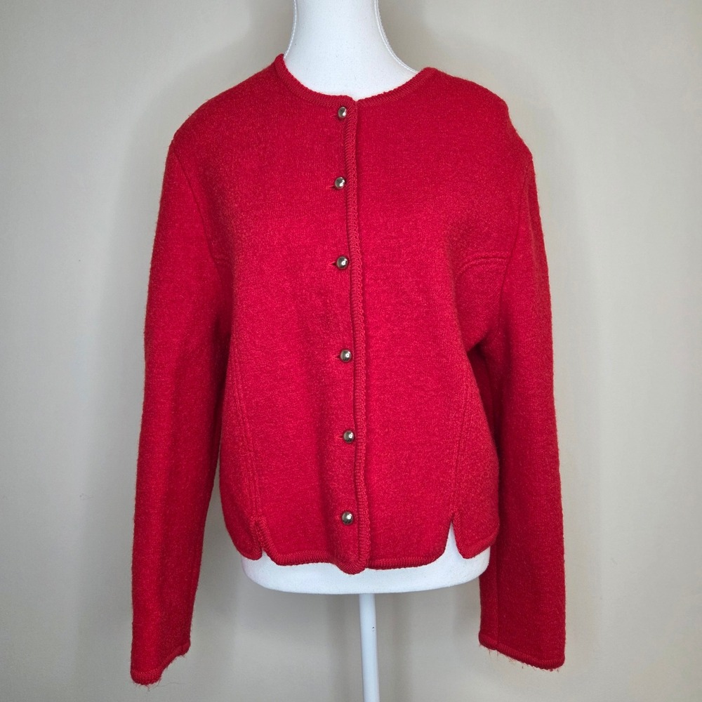 Northern Isles Red 100% Boiled Wool Cardigan Sweater Silver Buttons Size Large